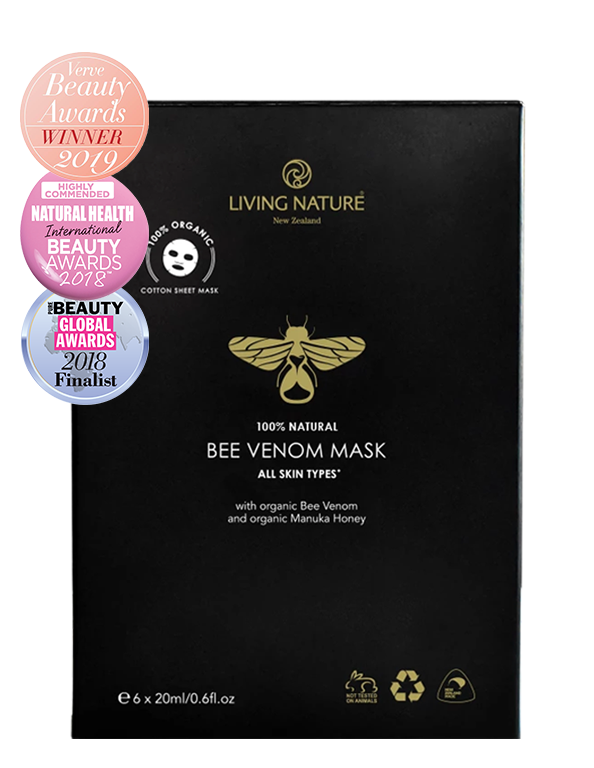 Living Nature Bee Venom Mask packaging with awards on a white background